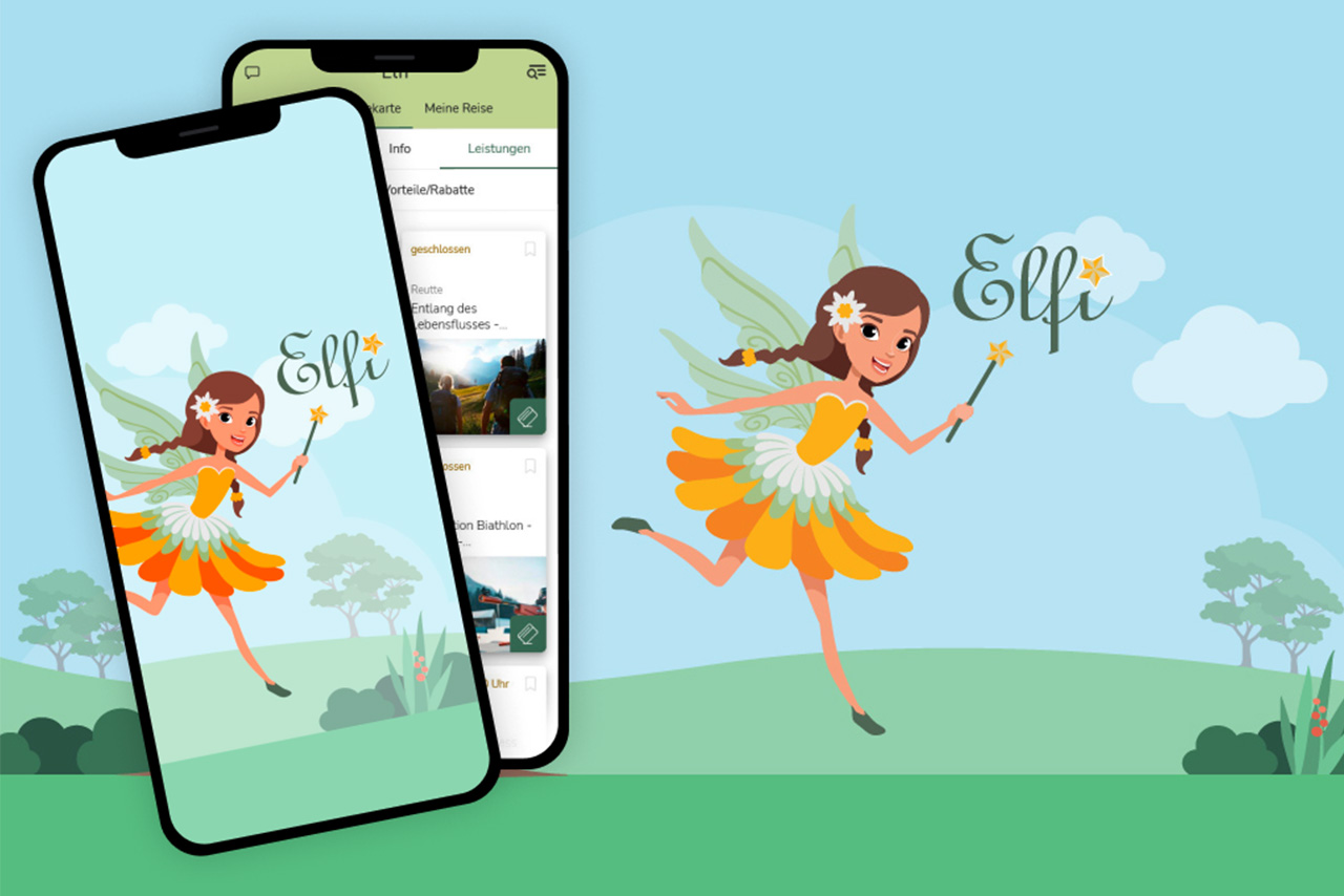 Eine Illustration des Maskottchens der Elfie-App und eine Darstellung des App-Designs. Das Maskottchen ist ein junges Elfenmädchen mit zwei geflochtenen Zöpfen.