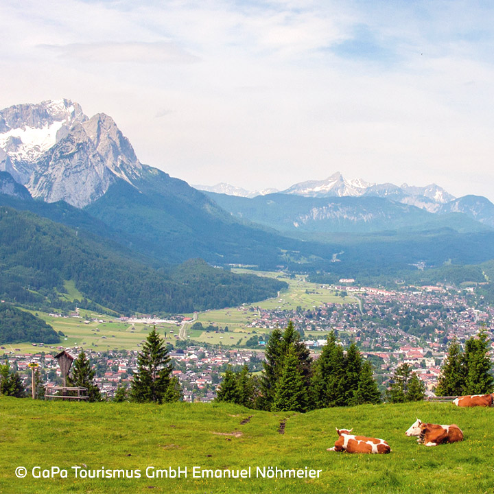Ein Blick auf Garmisch-Partenkirchen von einer Bergwiese.