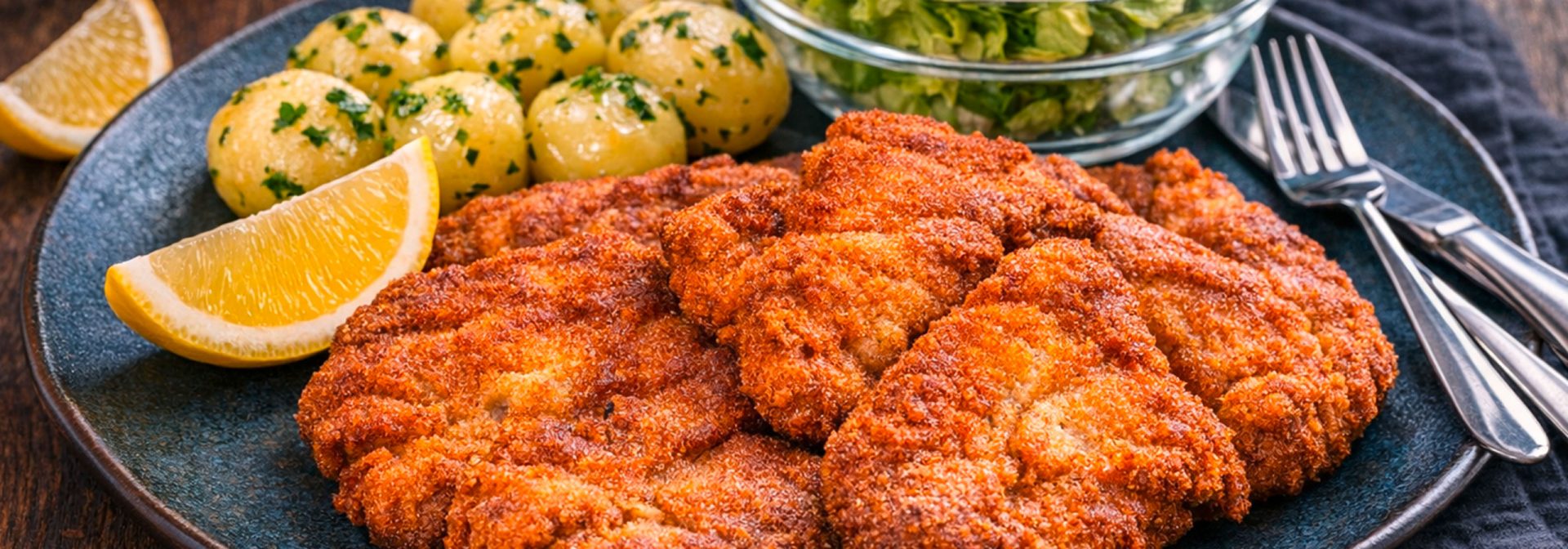 Schnitzel mit Kartoffeln und einem Salat auf einem dunkelblauen Teller angerichtet.