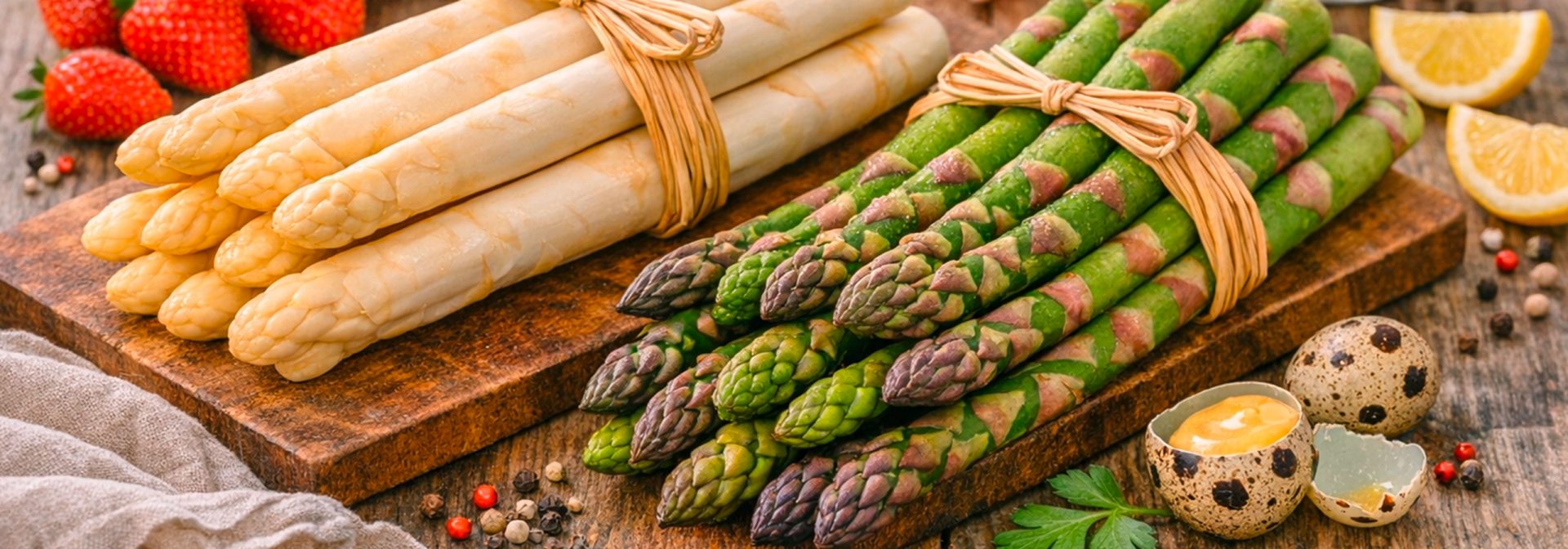 Weißer und grüner Spargel auf einem Holz Tablett präsentiert.