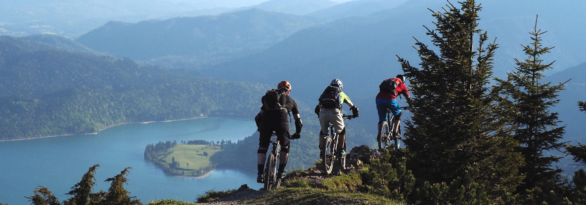 four mountain bikers riding on a trail overlooking a lake and forest