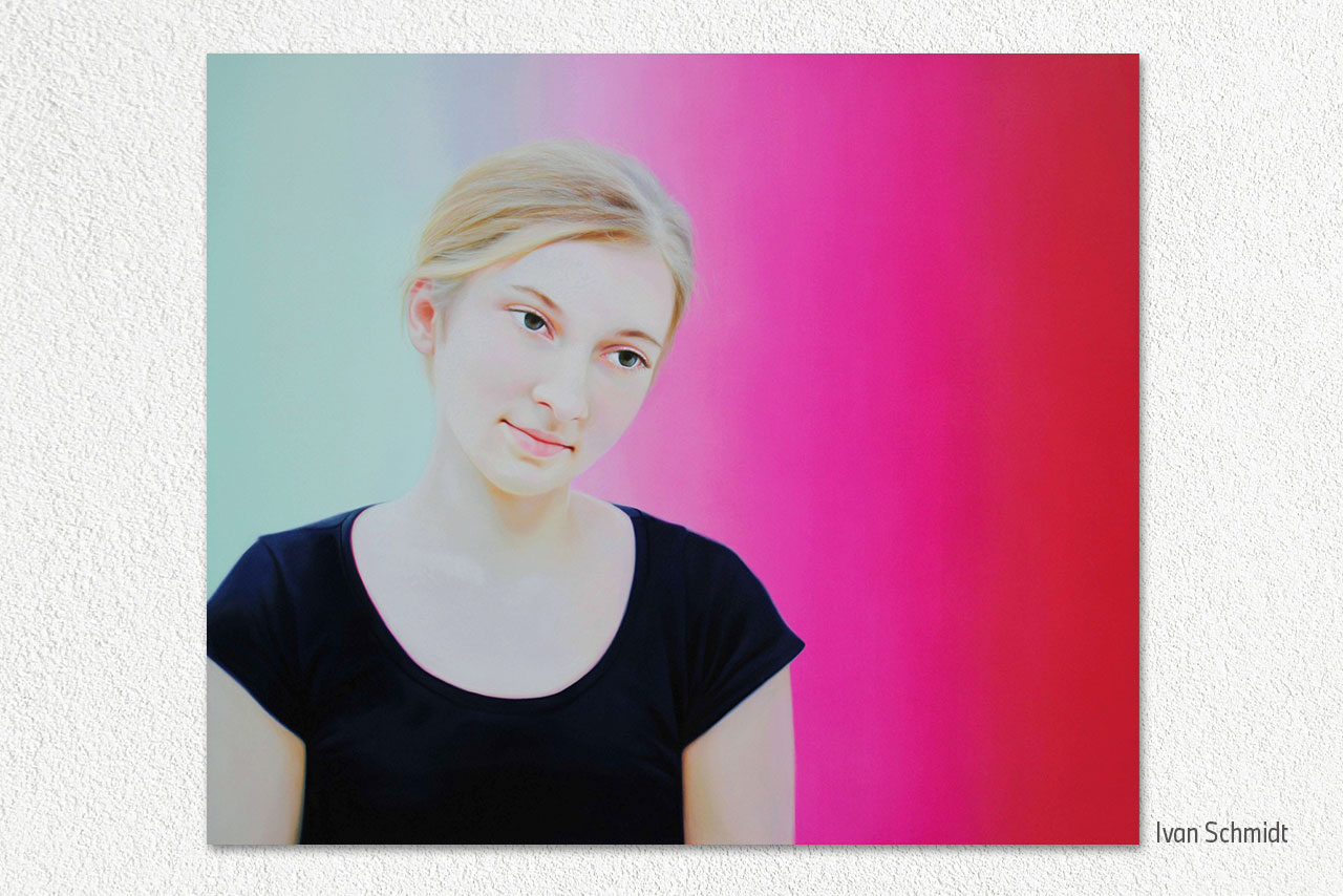 A serene portrait of a young woman against a colorful background.
