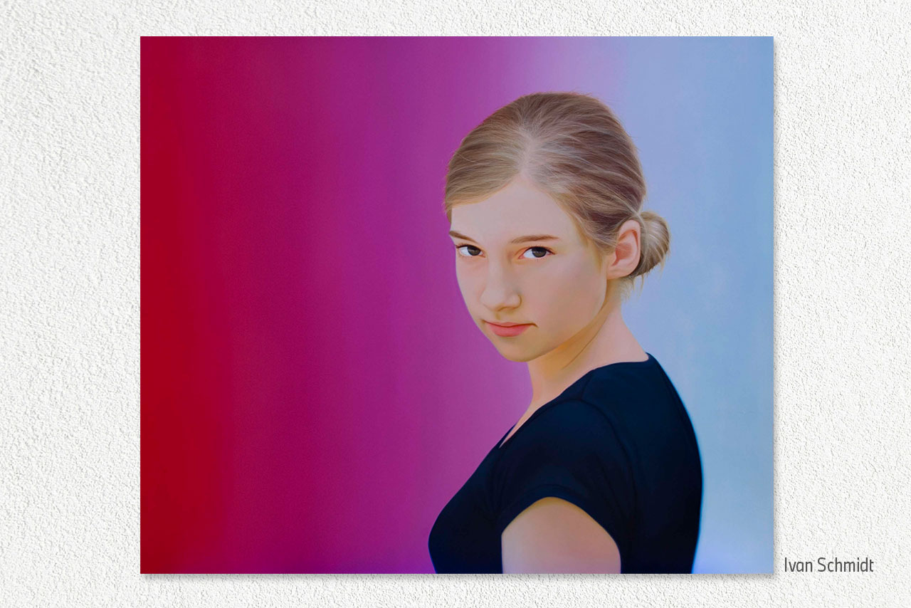 A portrait of a young girl with a thoughtful expression against a gradient background.