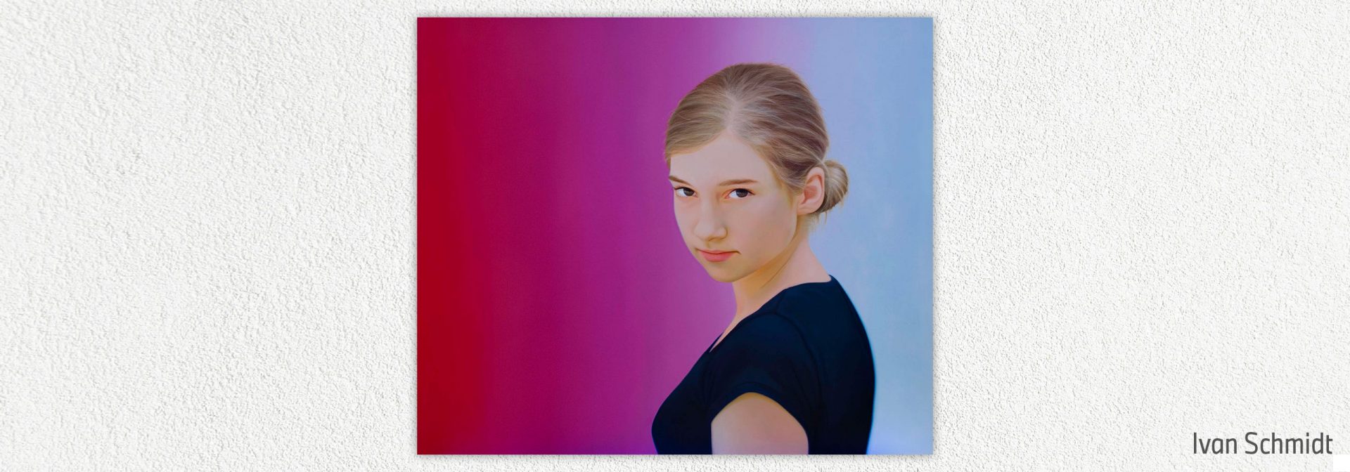 A painting by Ivan Schmidt depicting the upper body of a girl with blonde hair and a black T-shirt.