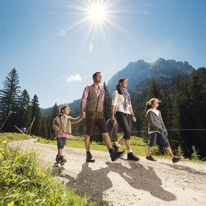 A family enjoying a hike in a scenic mountain landscape under a bright sun.